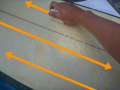 Front to Back: Rub the wax in a straight line parallel to the rocker waxing technique front to back